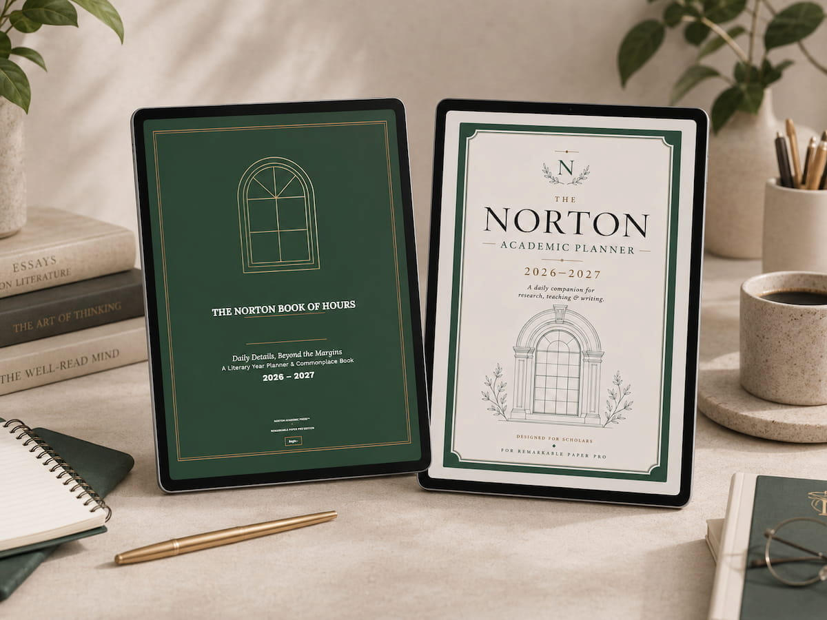 Side by Side Planners The Norton Book of Hours and The Norton Academic Planner displayed side by side on tablet screens in an academic workspace.