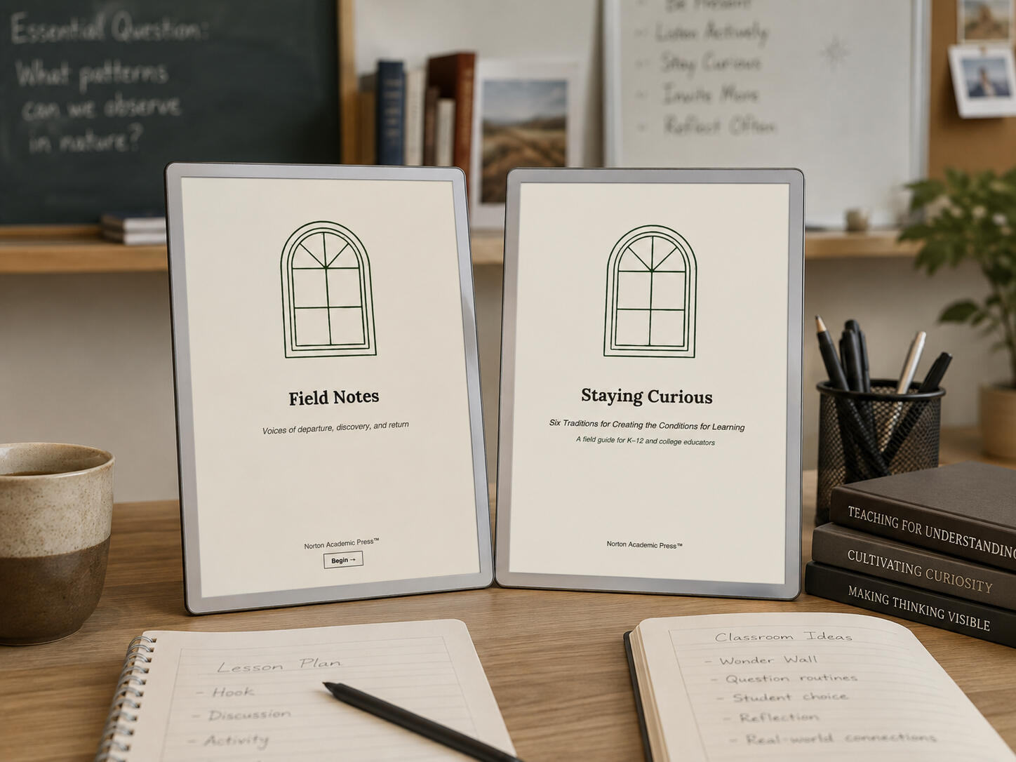 Field Notes and Staying Curious — Norton Academic Press™ Notebooks Field Notes and Staying Curious displayed side by side — literary companions and guides for educators published by Norton Academic Press™